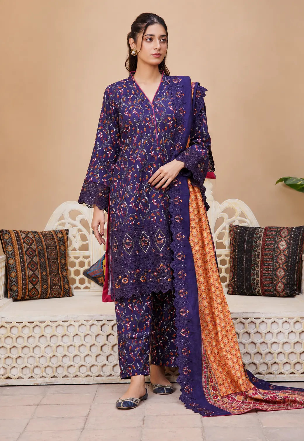 Midnight Saffron | Printed & Embroidered Khaddar 3PC