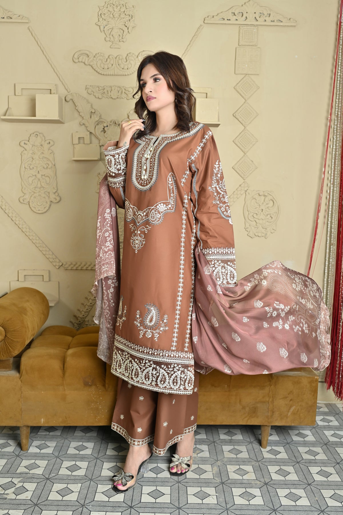 Royal Mocha Embroidered 3-Piece Festive Winter Suit
