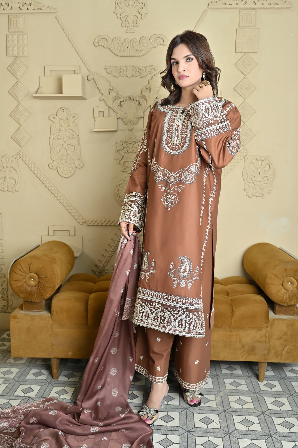 Royal Mocha Embroidered 3-Piece Festive Winter Suit