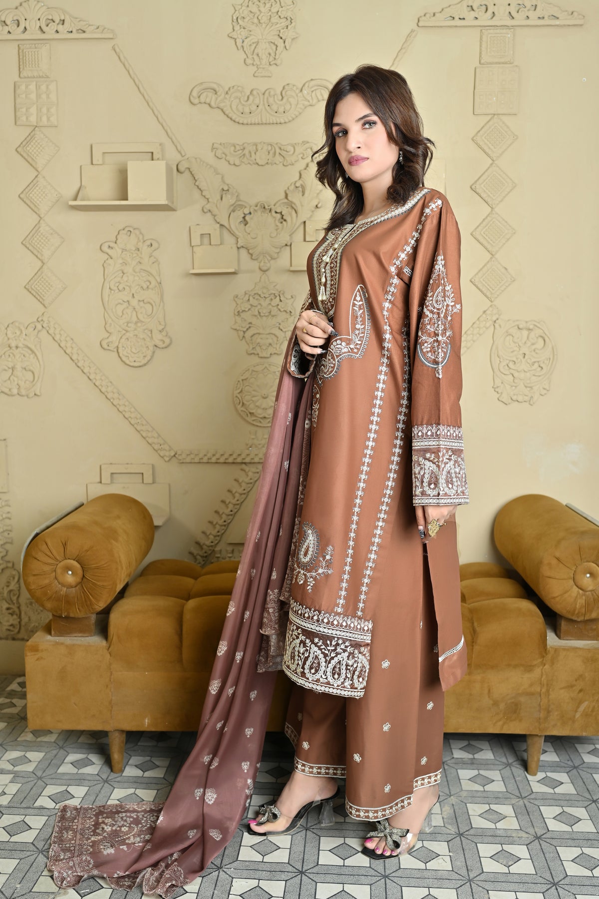 Royal Mocha Embroidered 3-Piece Festive Winter Suit