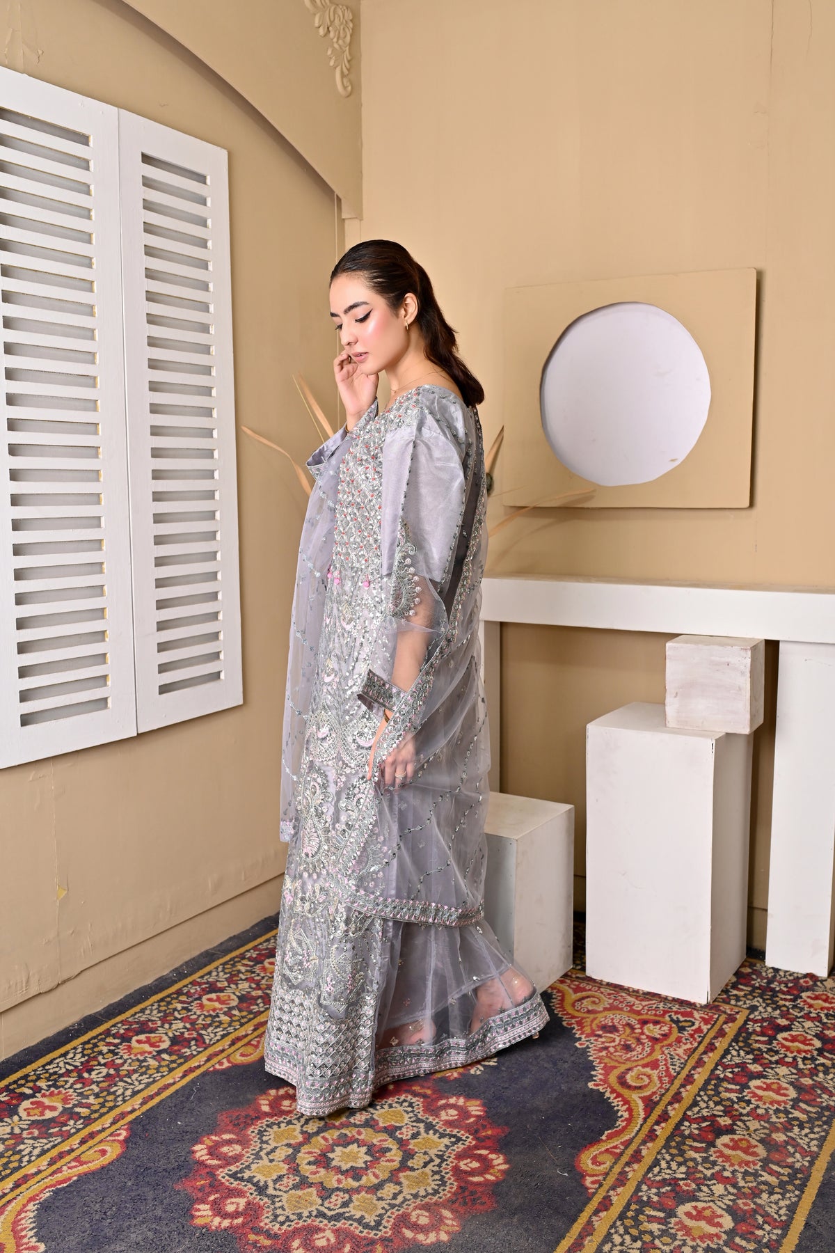 Silver Bloom – Embroidered 3-Piece Summer Suit