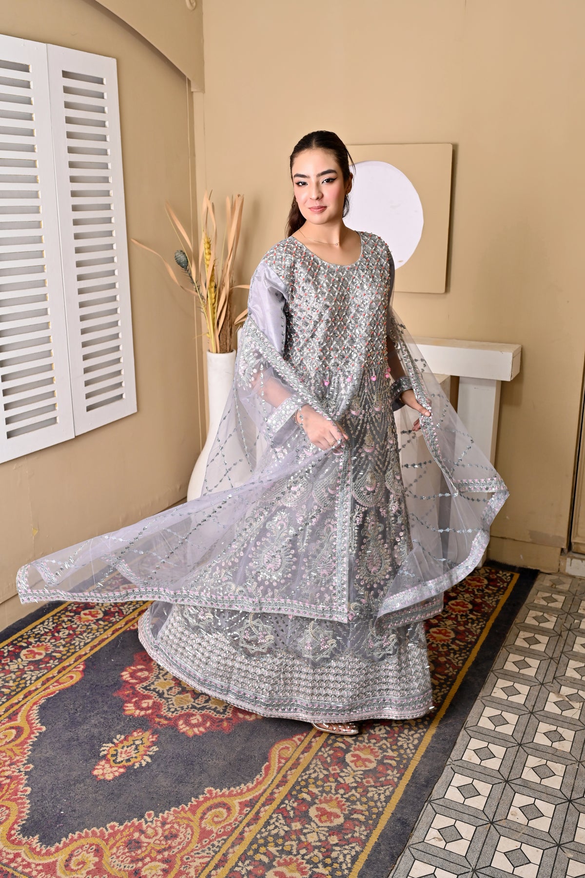 Silver Bloom – Embroidered 3-Piece Summer Suit