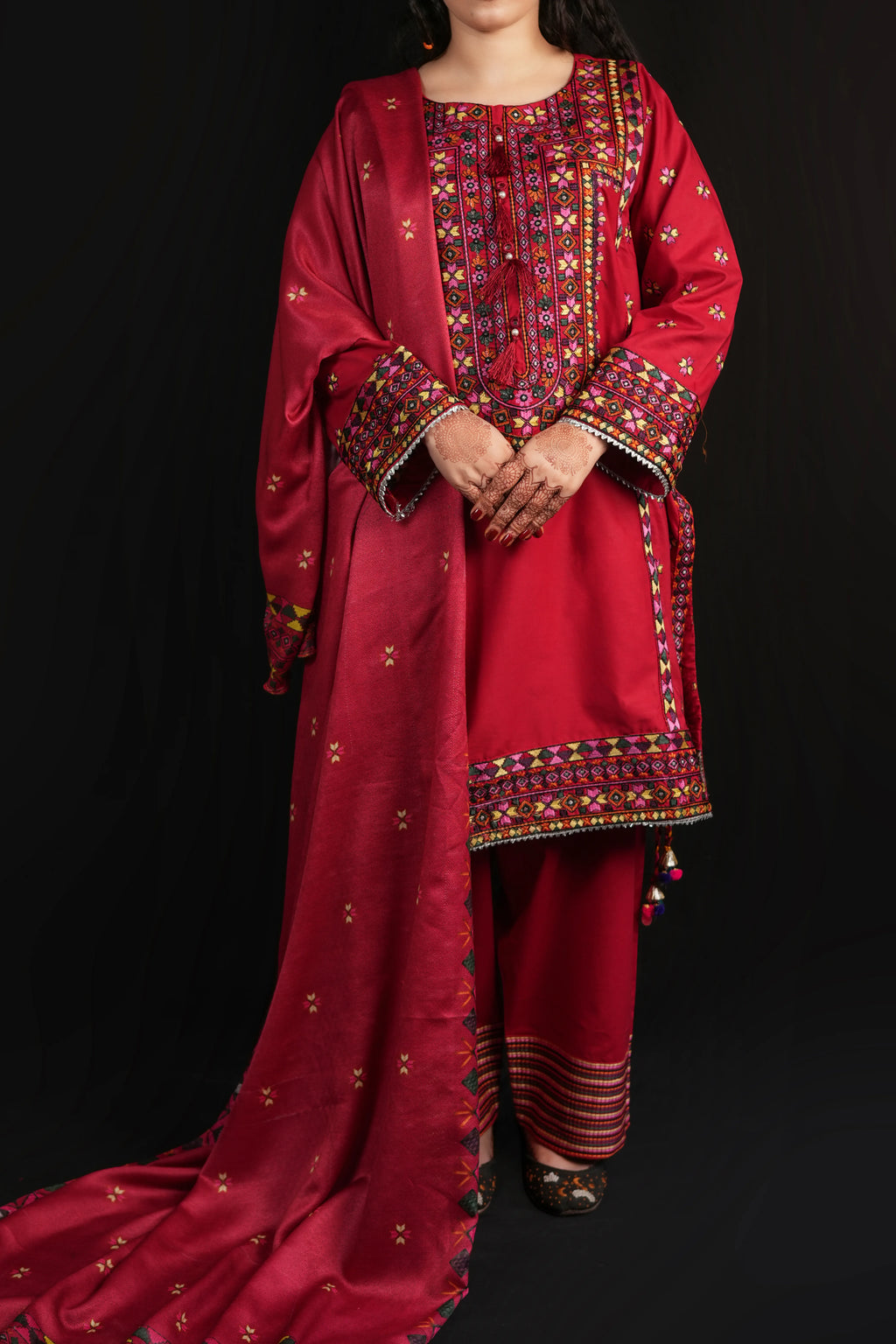 Crimson Folk Stitched Embroidered Khaddar Suit