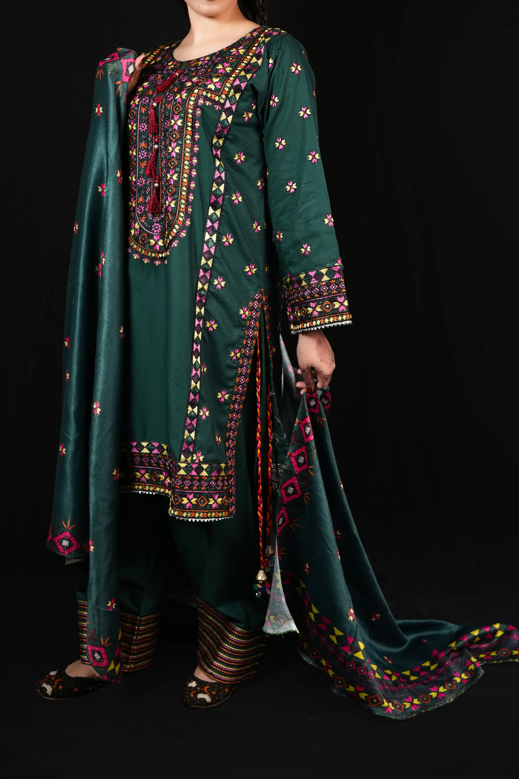Bottle Green Stitched Embroidered Khaddar Suit