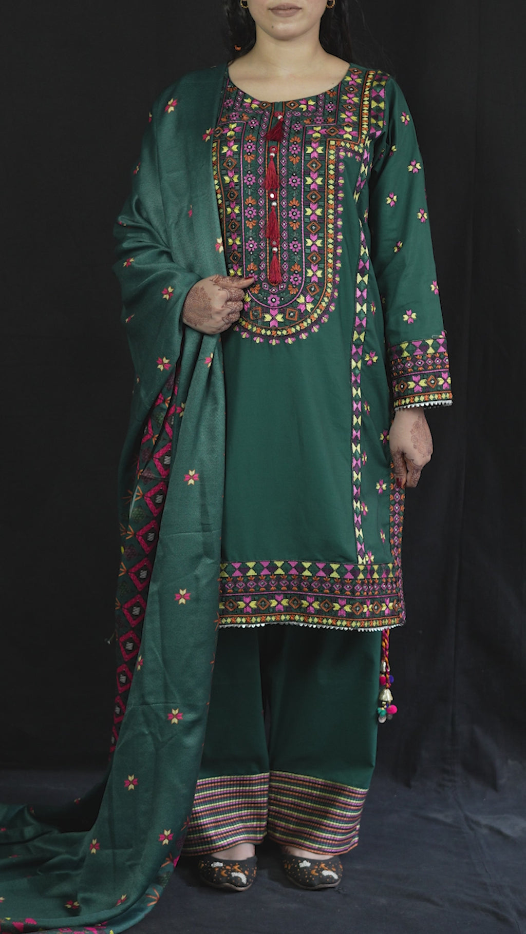 Bottle Green Stitched Embroidered Khaddar Suit