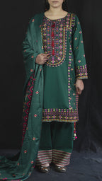 Bottle Green Stitched Embroidered Khaddar Suit