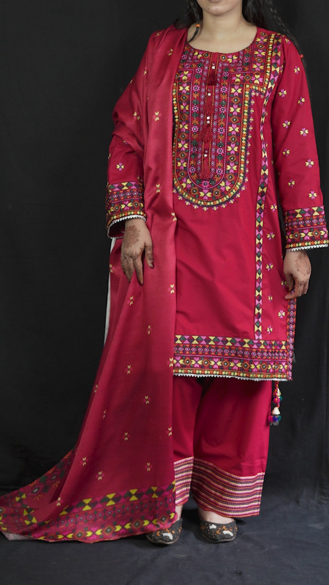 Crimson Folk Stitched Embroidered Khaddar Suit