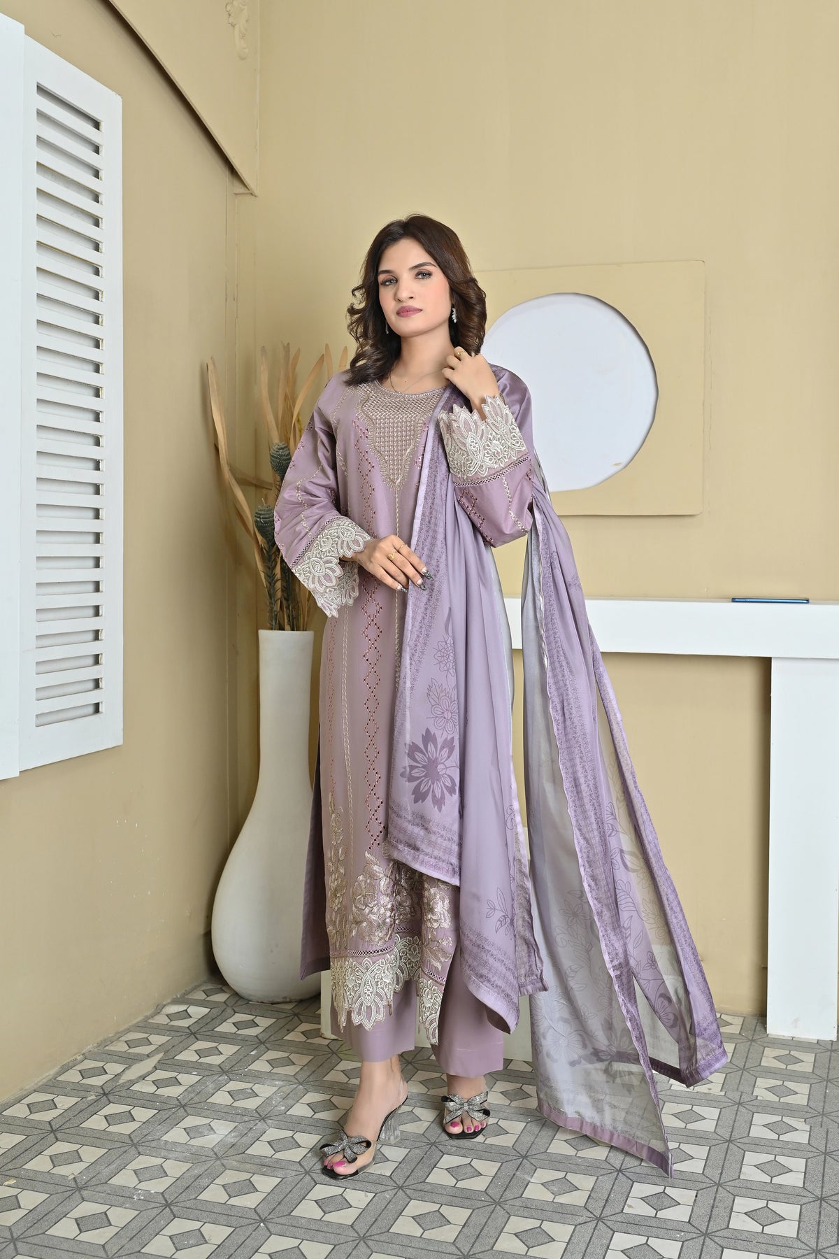 Royal Lilac Winter Cotton Printed 3-Piece